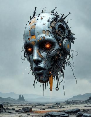 The primary subject of the image is a futuristic robot head with a mechanical appearance. The robot head is the central focus of the scene, and it is set against a backdrop of a rocky landscape. The visual style of the image is digital art, as it features a detailed and intricate robot head with a mix of mechanical and organic elements. The colors and mood of the image are dark and moody, with the robot head being the main source of light and contrast in the scene.